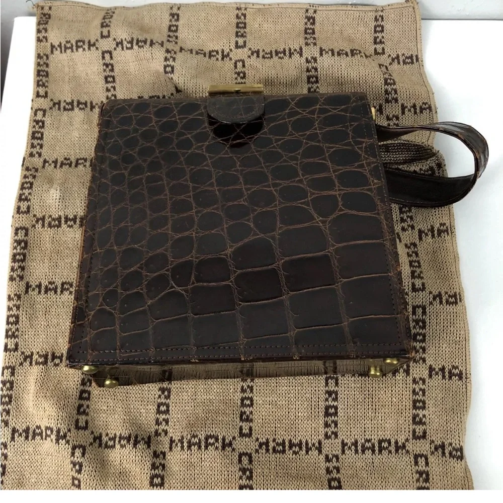 VTG Mark Cross Satchel Box Bag Brown Alligator Leather Gold Hardware Dust Bag